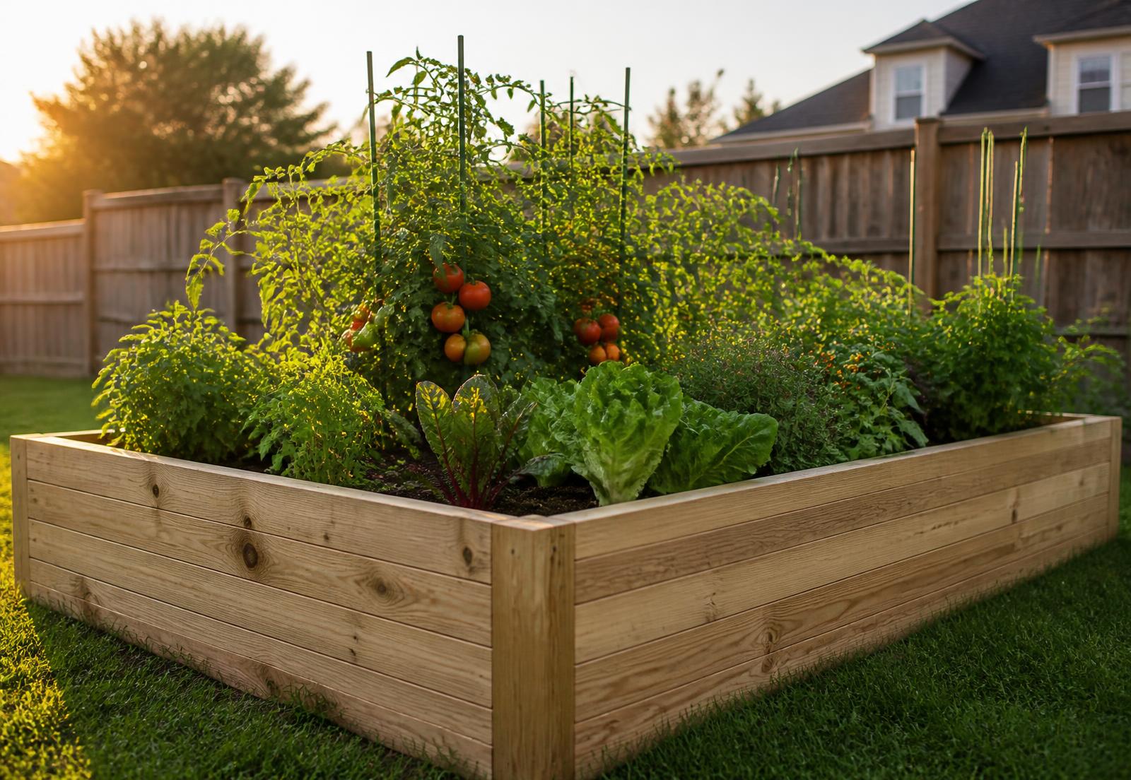 Raised wooden garden bed filled with tomato plants and herbs in a sunny backyard