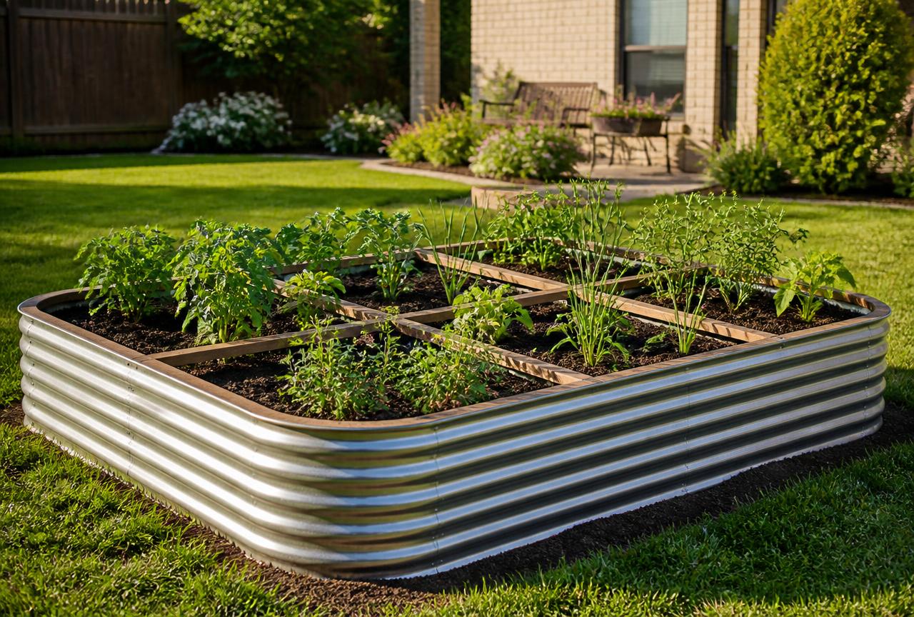 Divided metal raised garden bed filled with vegetables and herbs in a Dallas–Fort Worth backyard